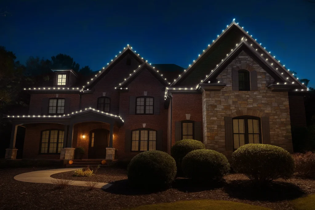 Brick residential home with warm white Christmas lights installed along multiple roof peaks.