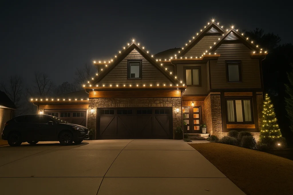 Large residential home decorated with warm white roofline Christmas lights and a lit outdoor tree.