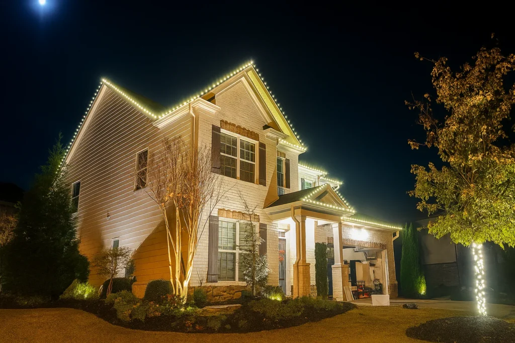Residential home with warm white Christmas lights outlining roof edges and exterior architectural details.
