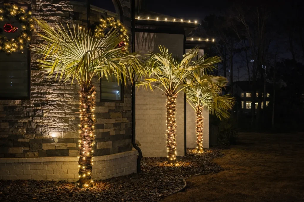 Christmas lights wrapped around palm trees and landscape features for holiday lighting design inspiration.