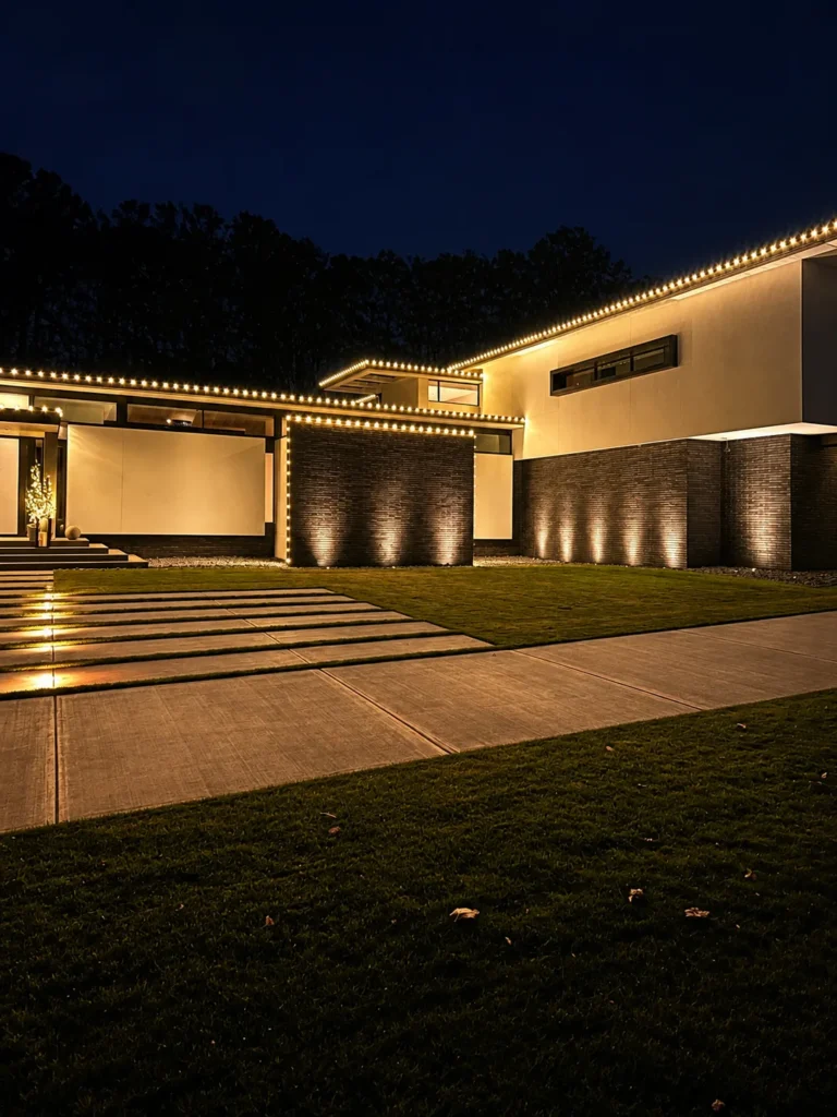 Warm white holiday lights outlining the roofline and exterior of a modern residential home.