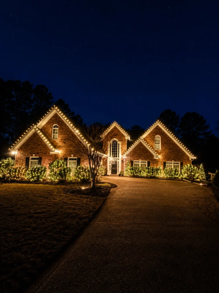 Warm white Christmas lights tracing the rooflines of a residential home at night.