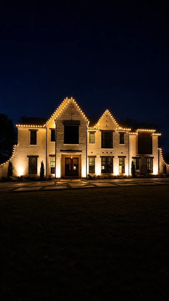 Vertical view of a large residential home illuminated with warm white Christmas lights at night.